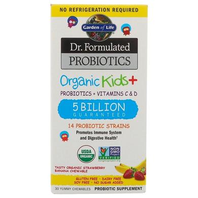 Пробиотики + витамины для детей, Probiotics + Vitamins C & D, Garden of Life, Dr. Formulated Brain Health, 5 млрд, органик, клубника-банан, 30 жевательных таблеток - фото