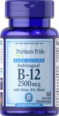 Витамин B-12 с фолиевой кислотой, витамином B-6 и биотином, Sublingual Vitamin B-12, Puritan's Pride, сублингвальный, 2500 мкг, 60 микроледенцов - фото