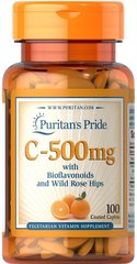 Витамин С с биофлавоноидами, Vitamin C, Puritan's Pride, шиповник, 500 мг, 100 капсул - фото