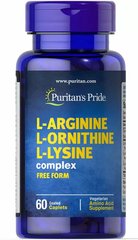 Аргинин + Орнитин + Лизин, L-Arginine L-Ornithine L-Lysine, Puritan's Pride, 60 каплет - фото