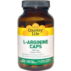 Аргинин, L-Arginine, Country Life, 500 мг, 100 капсул - фото