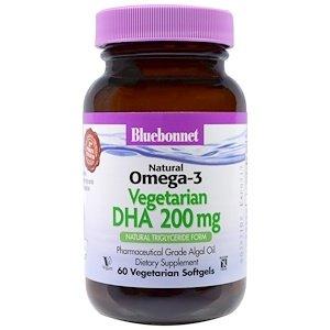 DHA вегетарианский, Omega-3, Bluebonnet Nutrition, 200 мг, 60 капсул - фото