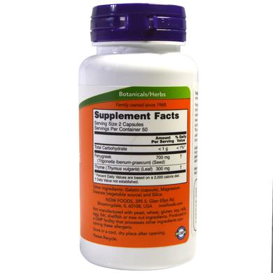 Пажитник и тимьян, Fenugreek Thyme, Now Foods, 350/150 мг, 100 капсул - фото