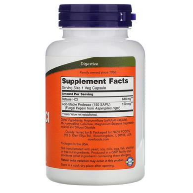 Бетаин гидрохлорид, Betaine HCL, Now Foods, 648 мг, 120 капсул - фото
