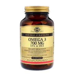 Рыбий жир, Омега 3 (Omega-3), Solgar, двойная сила, 700 мг, 60 капcул - фото