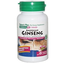 Женьшень американский, American Ginseng, Nature's Plus, Herbal Actives, 250 мг, 60 капсул - фото