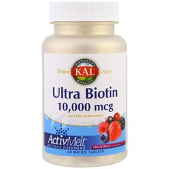 Биотин, ягодная смесь, Ultra Biotin, Kal, 10000 мкг, 60 микро таблеток - фото