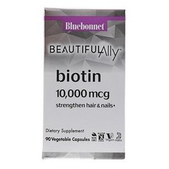 Биотин, Biotin, Bluebonnet Nutrition, Beautiful Ally, 10,000 мкг, 90 вегетарианских капсул - фото