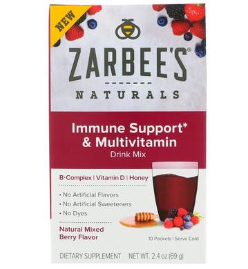 Иммунная поддержка и мультивитаминная смесь для смешивания с B-комплексом, витамином D, медом, вкус ягод, 10 пакетов, Zarbees, 69 г - фото