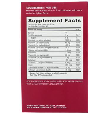 Иммунная поддержка и мультивитаминная смесь для смешивания с B-комплексом, витамином D, медом, вкус ягод, 10 пакетов, Zarbees, 69 г - фото