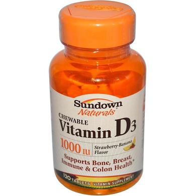 Витамин Д3 , вкус клубники и банана, Chewable Vitamin D3, Sundown Naturals, 100 мг, 120 таблеток - фото