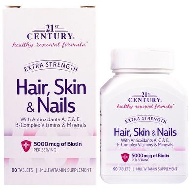 Витамины для волос, кожи и ногтей, Hair, Skin & Nails, 21st Century, 90 таблеток - фото