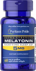 Мелатонин, Melatonin, Puritan's Pride, 5 мг, 60 капсул - фото