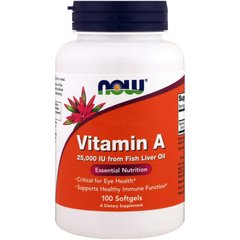 Витамин А, Vitamin A, Now Foods, 25000 МЕ, 100 капсул - фото