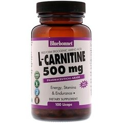 L- карнитин, L-Carnitine, Bluebonnet Nutrition, 500 мг, 100 капсул - фото