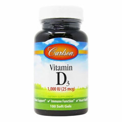 Вітамін D3, Vitamin D3, Carlson Labs, 1000 МО, 100 гелевих капсул - фото