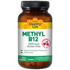 Вітамін В12, Methyl B12, Country Life, вишня, 5000 мкг, 60 льодяників - фото