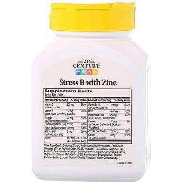 Вітаміни групи В, Стрес+цинк, Stress B, 21st Century, 66 таблеток - фото