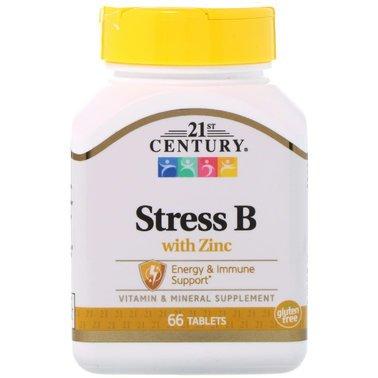 Вітаміни групи В, Стрес+цинк, Stress B, 21st Century, 66 таблеток - фото
