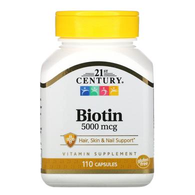 Биотин, Biotin, 21st Century, 5000 мкг, 110 капсул - фото
