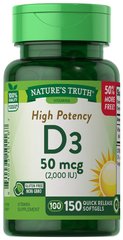 Витамин D3, Vitamin D3, Nature's Truth, 2000 МЕ, 150 гелевых капсул - фото
