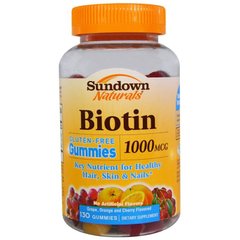 Биотин, Biotin, Sundown Naturals, вкус ягод, 1000 мкг, 130 жевательных конфет - фото