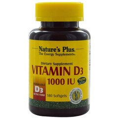 Витамин D3, Vitamin D3, Nature's Plus, 1000 МЕ, 180 гелевых капсул - фото