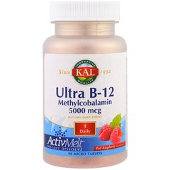 Ультра B-12 метилкобаламин, Ultra B-12 Methylcobalamin, Kal, малина, 5000 мкг, 90 таблеток - фото