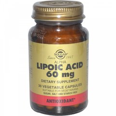 Альфа-липоевая кислота, Alpha Lipoic Acid, Solgar, 60 мг, 30 капсул - фото