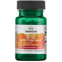 Вітамін В-12 і фолієва кислота, Ultra Vitamin B-12 with Folic Acid, Swanson, смак полуниці, 60 льодяників - фото