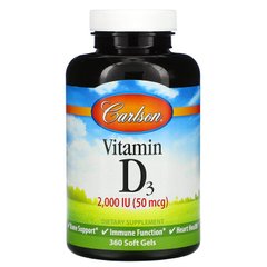 Витамин Д3, Vitamin D3, Carlson Labs, 2000 МЕ, 360 гелевых капсул - фото