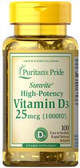 Витамин Д3, Vitamin D3, Puritan's Pride, 1000 МЕ, 100 капсул - фото