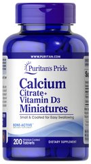 Кальций цитрат + витамин Д3, Calcium Citrate + Vitamin D3 Miniatures, Puritan's Pride, 200 таблеток - фото