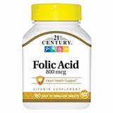 Фолиевая кислота, Folic Acid, 21st Century, 800 мкг, 180 таблеток, фото