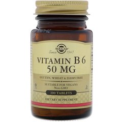 Витамин В6 (пиридоксин), Vitamin B6, Solgar, 50 мг, 100 таблеток - фото