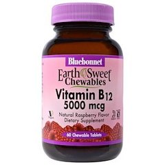 Вітамін В12 (ціанокобаламін), Vitamin B-12, Bluebonnet Nutrition, малина, 5000 мкг, 60 жувальних таблеток - фото