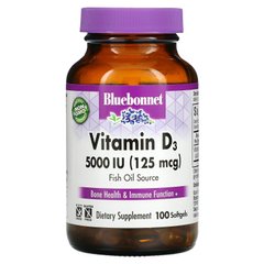Вітамін D3 5000IU (125 мкг), Vitamin D3, Bluebonnet Nutrition, 100 желатинових капсул - фото