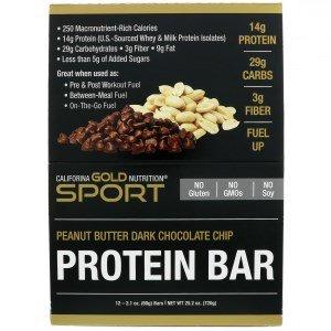 Протеиновые батончики, Protein Bars, California Gold Nutrition, арахисовая паста и шоколадная крошка, 12 шт по 60 г - фото