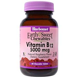 Витамин В12 (цианокобаламин), Vitamin B-12, Bluebonnet Nutrition, малина, 5000 мкг, 60 жевательных таблеток - фото