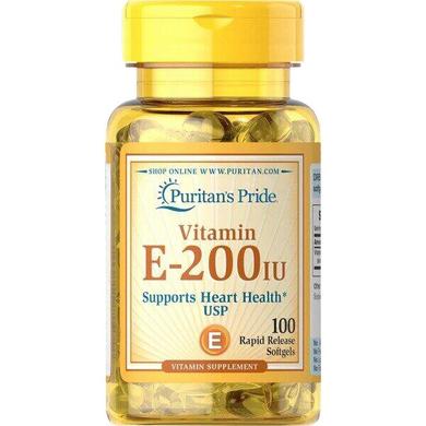 Витамин Е, Vitamin E, Puritan's Pride, 200 МЕ, 100 гелевых капсул - фото