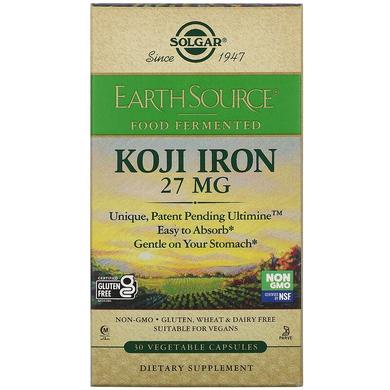 Залізо, Koji Iron, Solgar, 27 мг, ферментоване, 30 рослинних капсул - фото