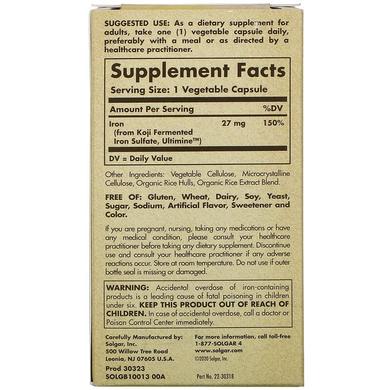 Железо, Koji Iron, Solgar, 27 мг, ферментированное, 30 растительных капсул - фото