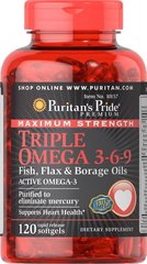 Омега 3-6-9, Omega 3-6-9 Fish, Puritan's Pride, масло льна и бораго, 120 капсул - фото