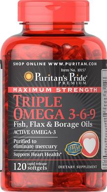 Омега 3-6-9, Omega 3-6-9 Fish, Puritan's Pride, олія льону і бораго, 120 капсул - фото
