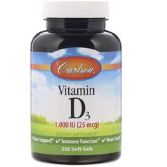 Вітамін D3, Vitamin D3, Carlson Labs, 1000 МО, 250 гелевих капсул - фото