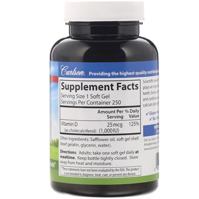 Витамин D3, Vitamin D3, Carlson Labs, 1000 МЕ, 250 гелевых капсул - фото