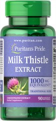 Расторопша, Milk Thistle 4:1 (Silymarin), Puritan's Pride, 1000 мг, 90 капсул - фото