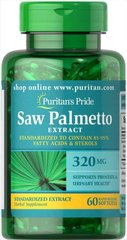 Со Пальметто, Saw Palmetto Standardized Extract, Puritan's Pride, 320 мг, 60 гелевых капсул - фото