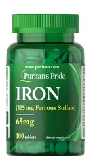 Залізо сульфат, Iron, Puritan's Pride, 65 мг, 100 таблеток - фото