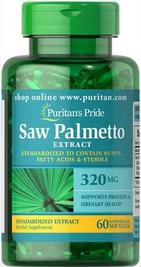 Со Пальметто, Saw Palmetto Standardized Extract, Puritan's Pride, 320 мг, 60 гелевих капсул - фото